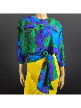 VTG Jean-Claude Poitras Silk Wool Floral Tie Front Blouse 80s Avant Garde